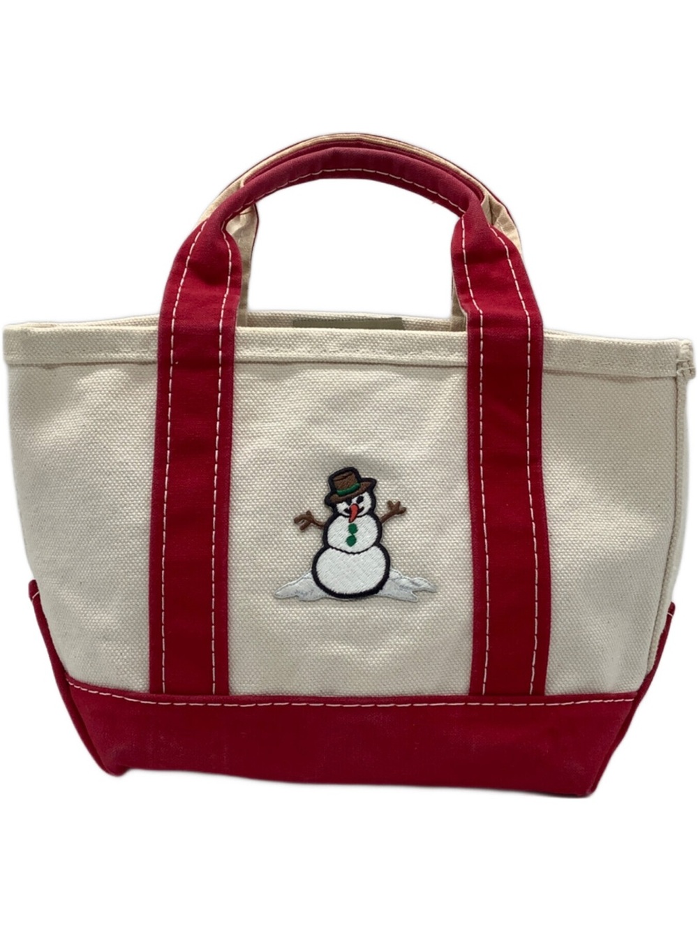 L.L. Bean Vintage 80’ Cream Canvas Boat and Tote with Red Trim and Snowman Patch